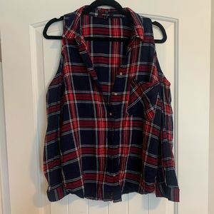 Open shoulder red and navy flannel